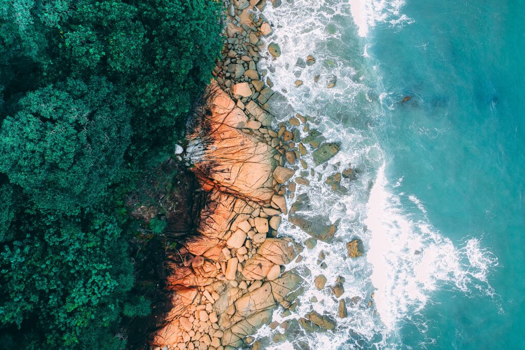Picture from above on a wave from the ocean striking rocks on land and trees to the left.
